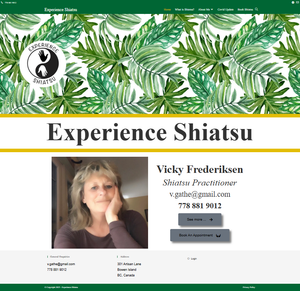 Ying and Yang symbol in front of leaves. Picture of a blonde haired woman in a purple shirt with her hand on the side of her face (Vicky Frederiksen - owner of Experience Shiatsu).